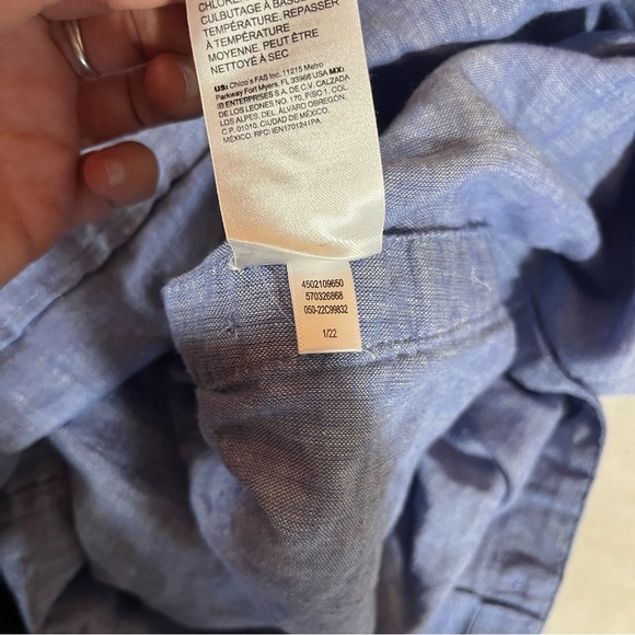 Chico's Blue Linen Blend Shirt Dress with Side Vent Buttons Roll Tab Sleeve - Picture 9 of 12